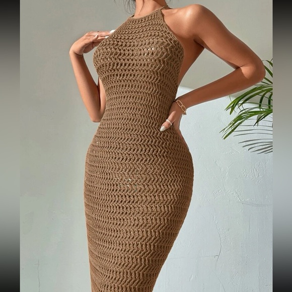 Boho Crochet Backless Halter Neck Bodycon Dress Cover Up - Picture 4 of 6